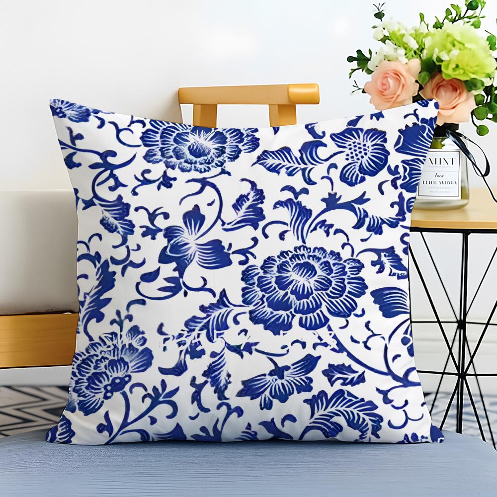 Blue and White Porcelain Cushion Cover Washable Linen Pillowcase Soft for Sofa Bed Cozy Home Room Decor