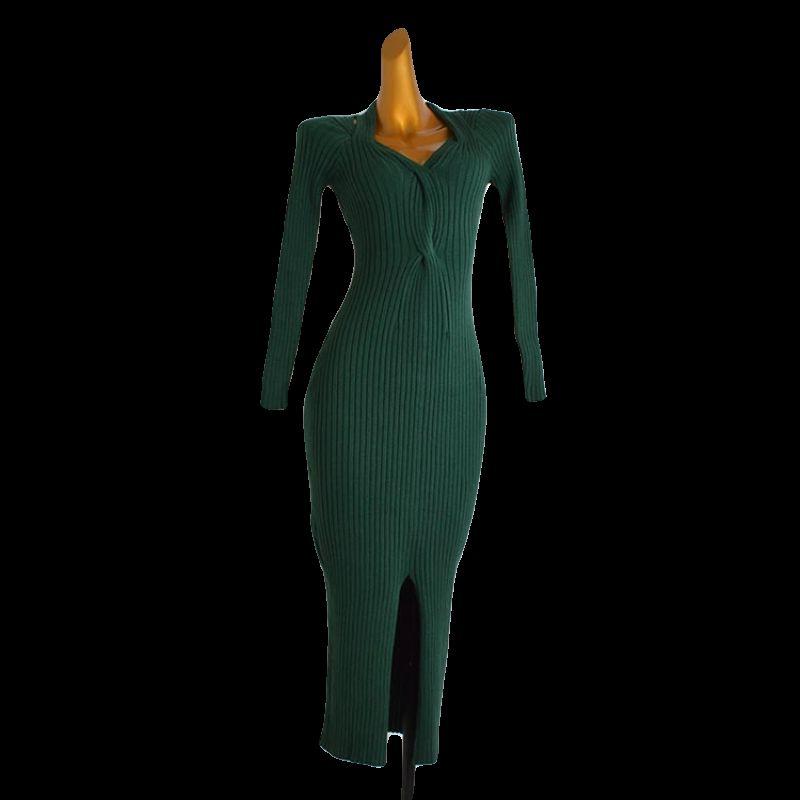 French Style Retro Pure Color Halter V-neck Cross Knitting Dress Women's Tight Waist Slim Looking Hip Split Long Skirt