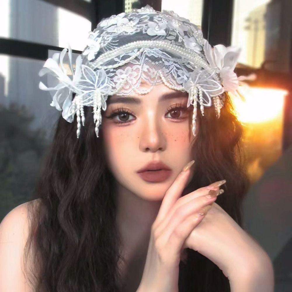 Pearls Beads Bride Headdress White Wedding Headwear Elegant Bridal Hat Hair Jewelry