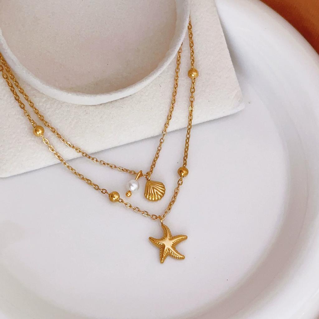 316L Stainless Steel 2025 New Fashion Waterproof  2-layer Pearl Shell Starfish Charming Chain Anklets