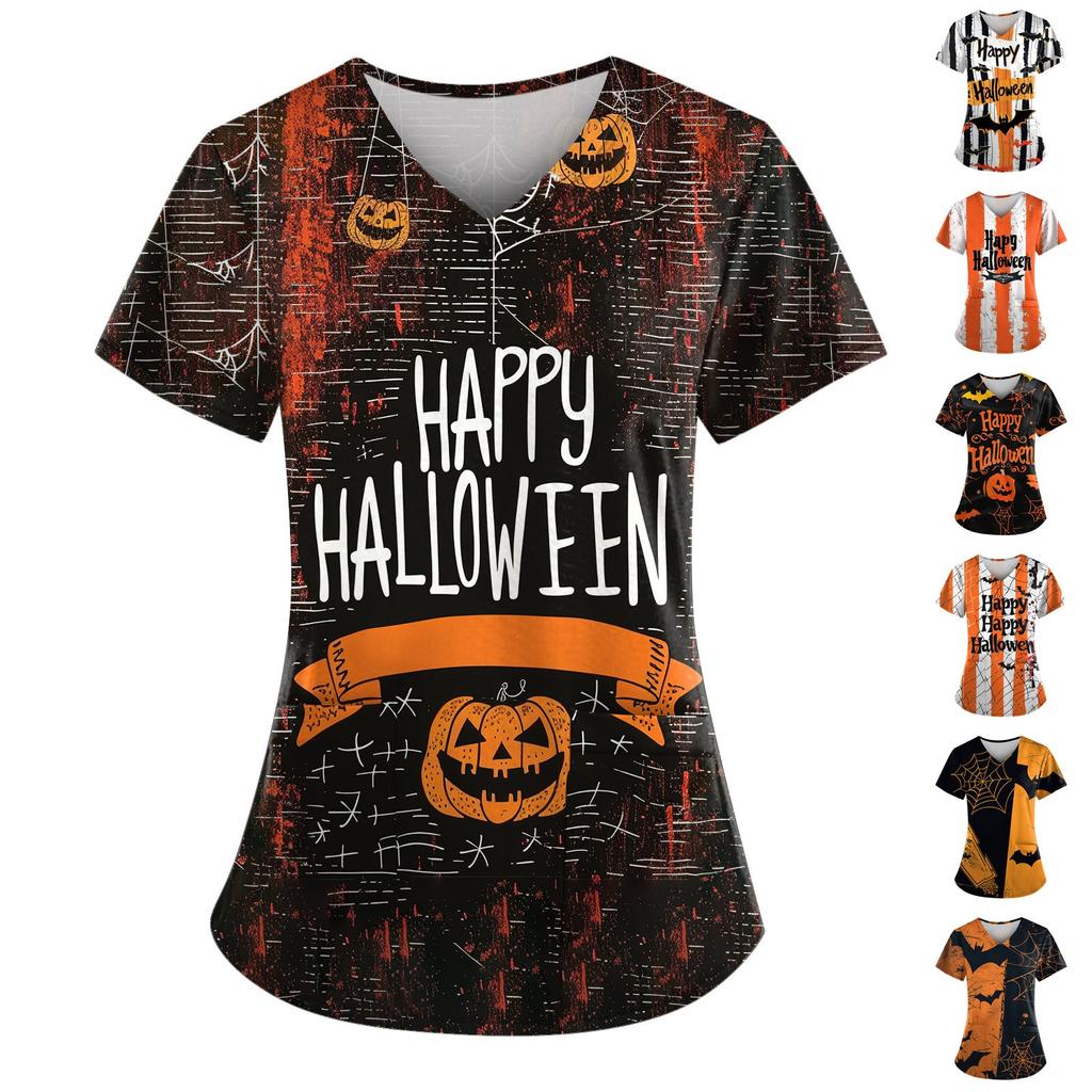 Women's V Neck Fashion Casual Halloween Printed Tops Dry-nurse Top