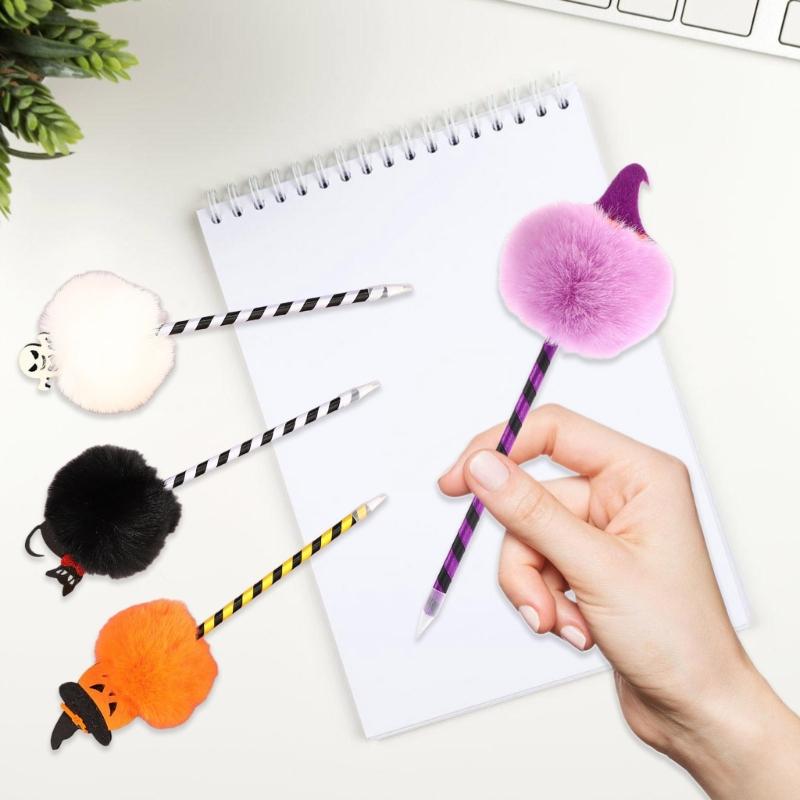 6 Pcs Halloween Pen Pumpkin Ballpoint Pen Smooth Writing Pen 0.7mm Oil Pen Pompoms Ballpoint Pen School Office Supplies