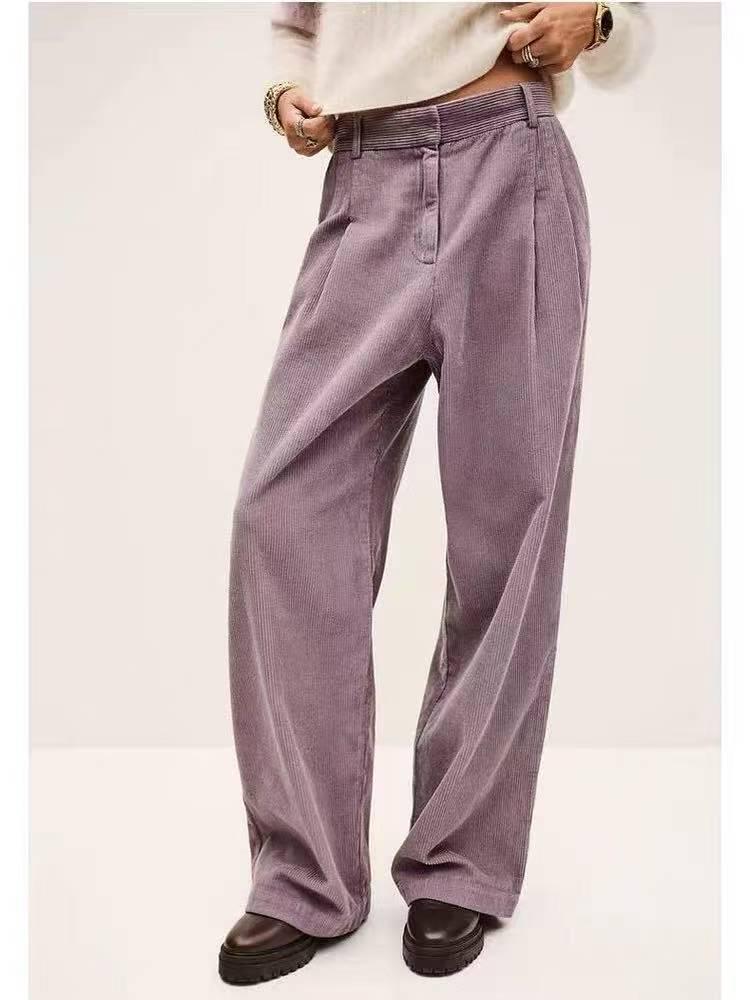 Yang Caiyu Inspired Lavender Corduroy High-Waisted Wide-Leg Pants - Autumn/Winter Retro French Style