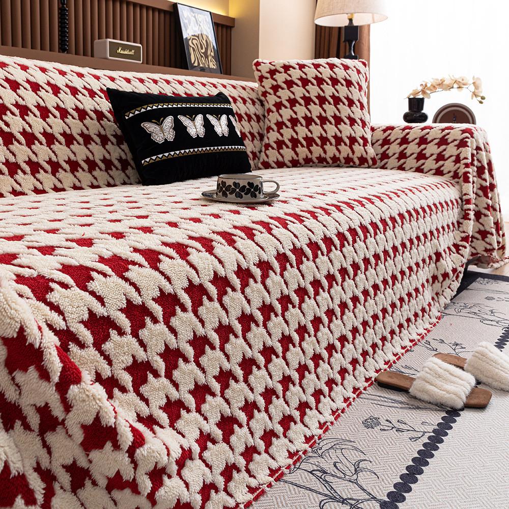 Thousand Bird Grid Plush Sofa Cover Thickened Warm Non-slip Couch Cushion Soft Plush Furniture Protector Pad Home Decoration