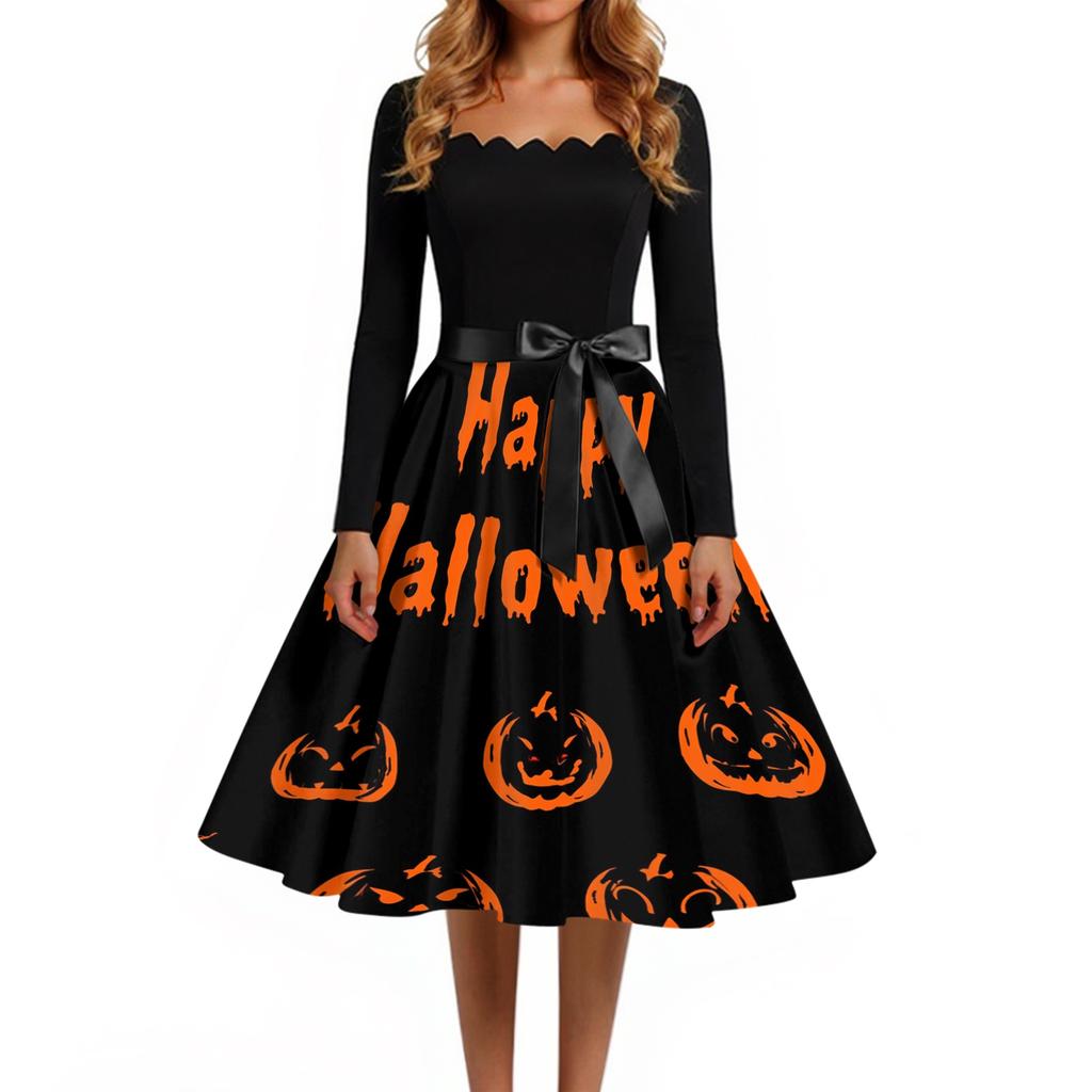 Women's Square Neck Retro Dress with Halloween Print for Casual Parties and Festive Occasions