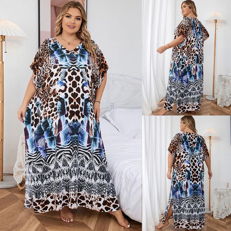 European-American Rayon Print Plus Size Beach Cover-Up Dress & Long Robe