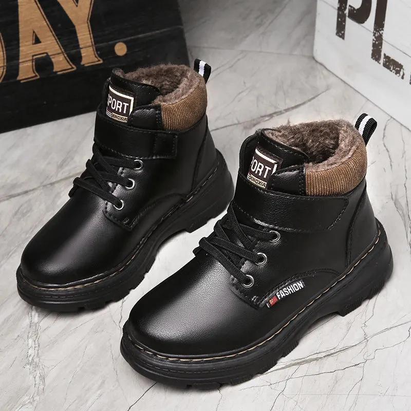 Winter Jungen Kurzstiefel Kinder Plus Samt Dicke Lederschuhe, Sport Schneestiefel