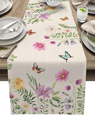 Spring Floral Linen Table Runner Summer Colorful Flower Butterfly Dresser Scarves Table Decor Washable Home Dining Party Decor