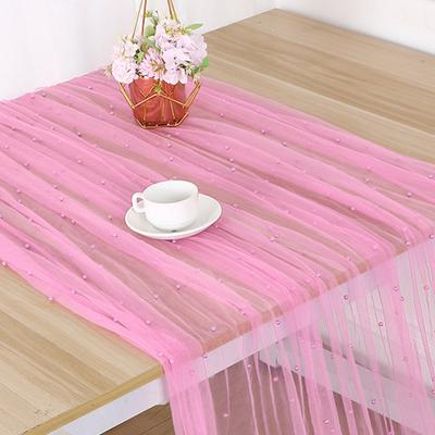 Faux Pearl Table Runner Tulle 118 X 28 Inch Sheer Gauze Fabric for Wedding Birthday Party Baby Shower Anniversary Dining Table Decor