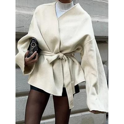 Fashion Solid Color Lace Up Women's Fur Jacket Belt Elegant V-neck Long Sleeved Jacket Autumn and Winter Women's Street Jacket