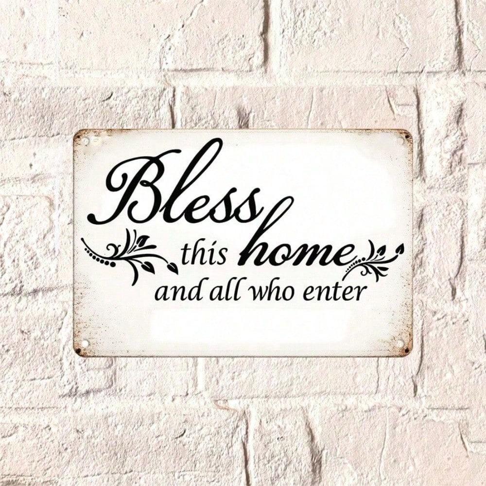 1pc Bless This Home 2D Flat Vintage Metal Tin Sign, Inspirational Quote Wall Art Plaque, Retro Decor for Living Room Kitchen