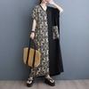 Summer Vintage Colorblocking 200 Pounds Long Dresses Big Pockets V-Neck Dresses