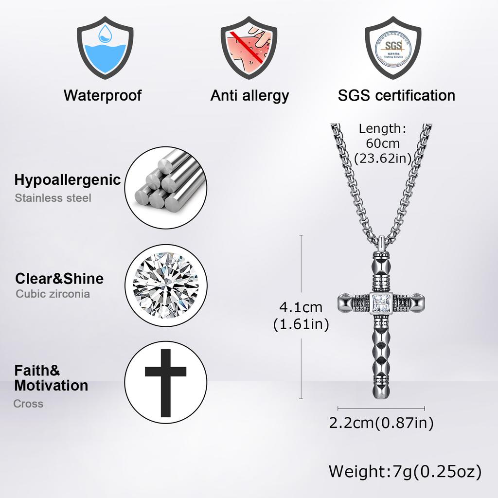 Punk Mens Cross Pendant Necklace,Silver Color Plain Cross Pendant Collar with Stainless Steel Box Chain,Exquisite Male Gift