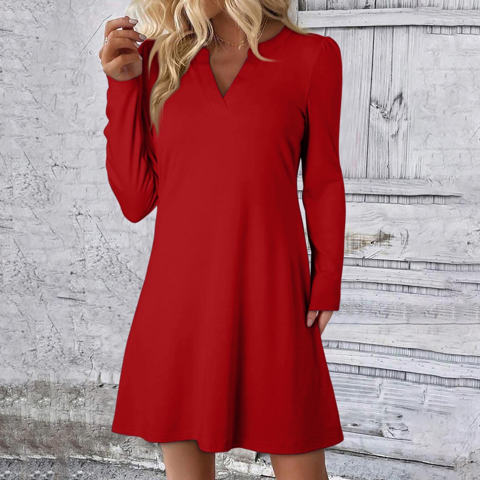 

Женское однотонное платье свободного кроя с V-образным вырезом, повседневное, модное, длинное платье с длинными рукавами S красный