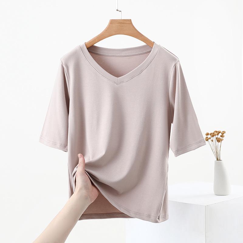 Women's V-Neck Mid-Sleeve Cotton T-Shirt - 2025 Spring/Summer Collection, Fitted Waist, Solid Color