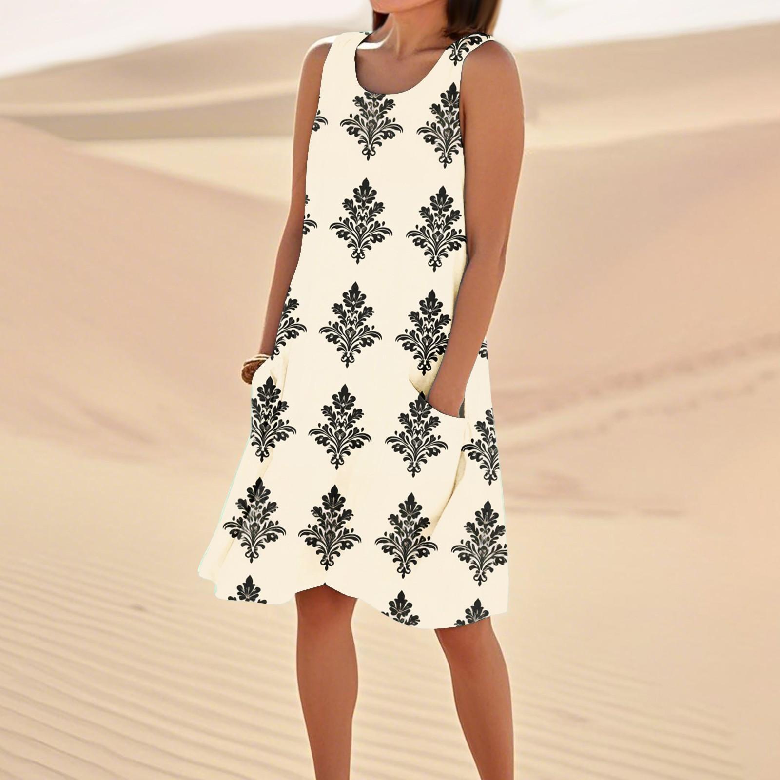 Women s Casual Summer Floral Print Sleeveless Pocket Dress L