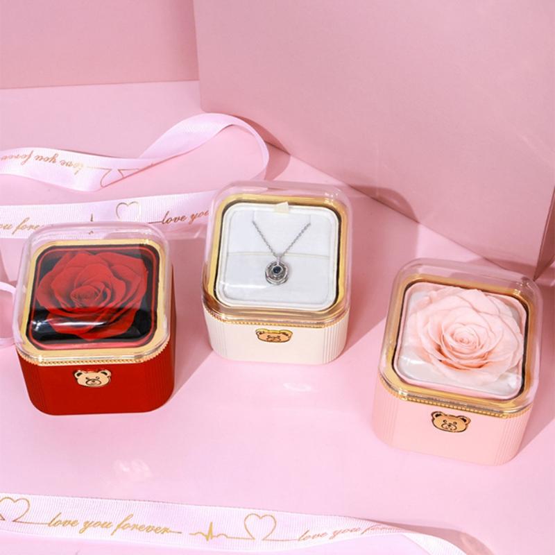 Fashion Cute Flip Necklace Box Romantic Dustproof Rotating Rose Box Automatic Plastic Necklace Storage Case Birthday