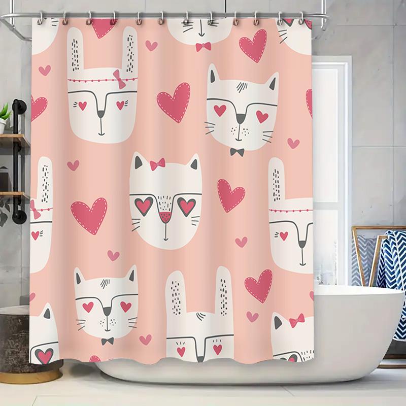 

Cute Cartoon Rabbit Cat Printed Shower Curtain Waterproof Bath Rug Home Decor Modern Design Pink Xl Size 180X200Cm W60H190(CM)-1 Pcs