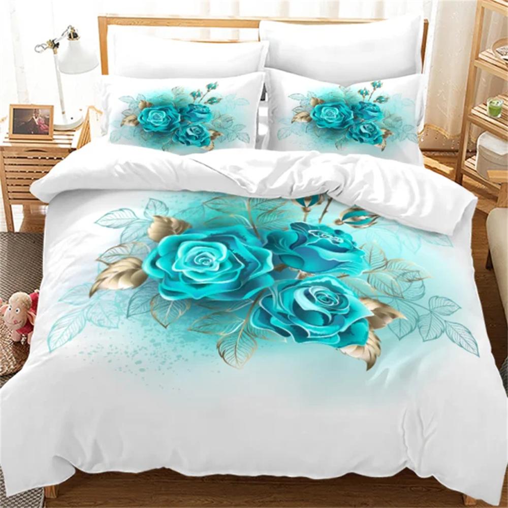 Flowers Queen Bedding Set 3D Print Singlesided Printed Comforter Plant Leaves Romantic and Warm Duvet Bedding Cover For Girls