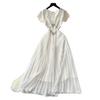French high-end V-neck small flying sleeves with diamonds, bow waist temperament dress, women's summer thin pleated skirt