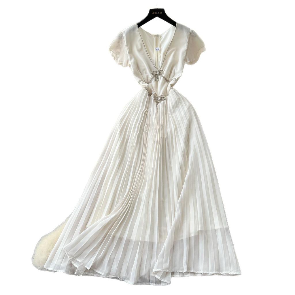 French high-end V-neck small flying sleeves with diamonds, bow waist temperament dress, women's summer thin pleated skirt