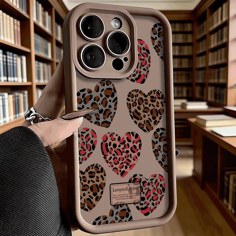 Leopard Print Heart Pattern Soft TPU Phone Case for iPhone 17 16 15 14 13 12 11 Pro Max Plus Shockproof Anti-Slip Cover