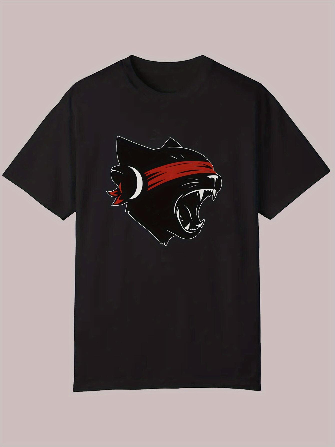 Summer Casual Crew Neck T-shirt - Black with Red & White Wolf Graphic XXXL