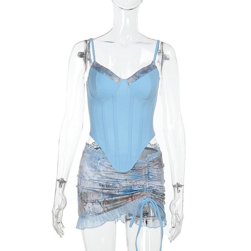 

Outitgirl6 American Sexy Bar Nightclub Wear Strap Cinched Waist Waistcoat Low Waist Skirt Two-piece Set Blue L