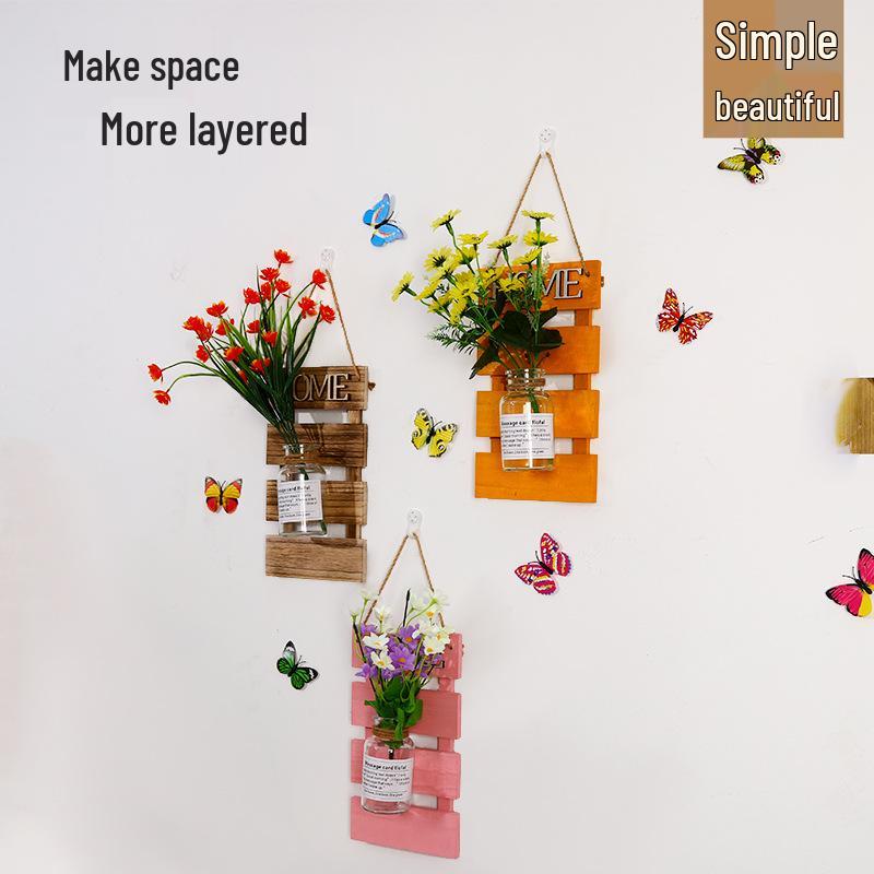Handcrafted Wooden Wall-Mounted Hydroponic Glass Vase for Bedroom and Living Room Decor