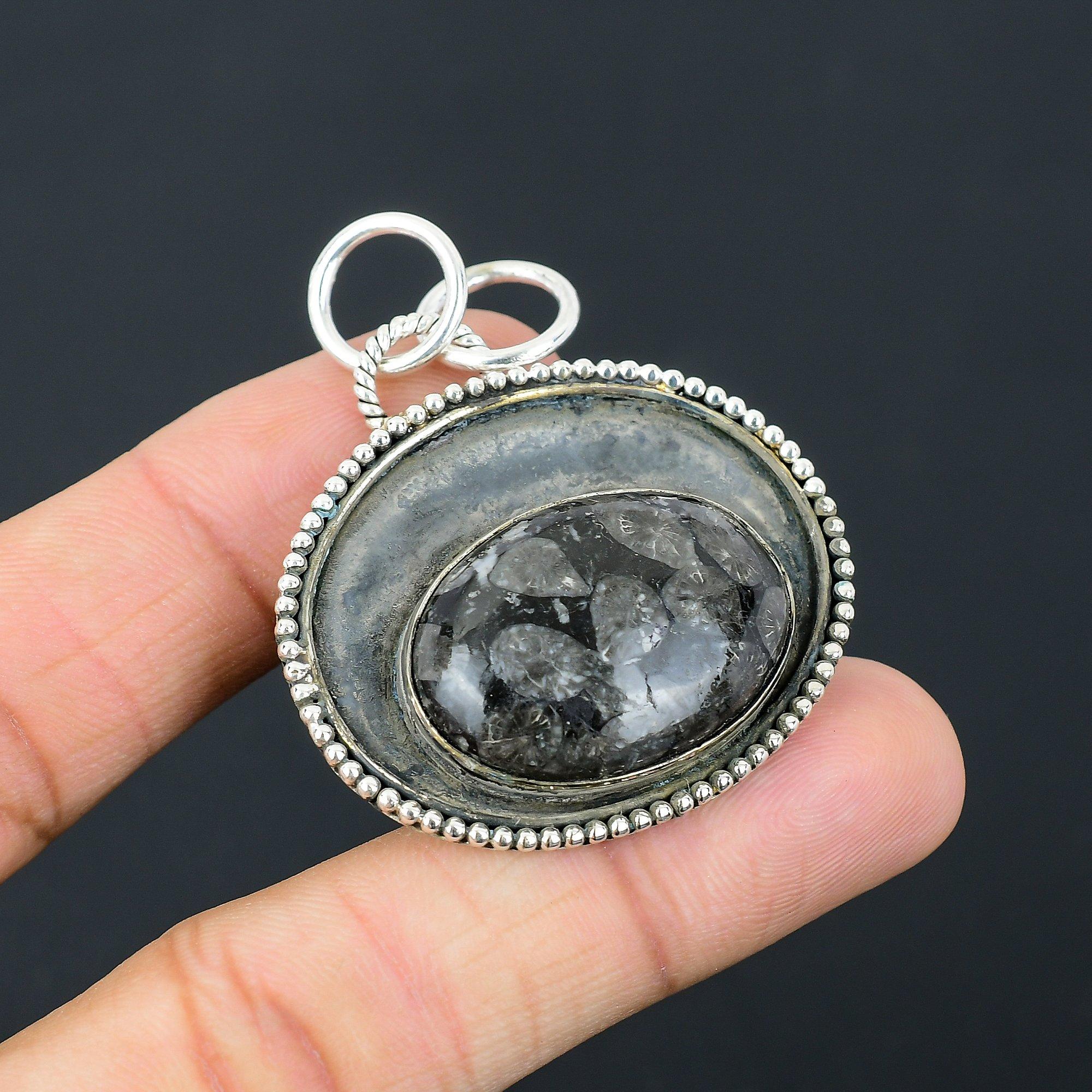 Daughters Day Sale Natural Black Fossil Coral Sterling Silver Pendant Jewelry