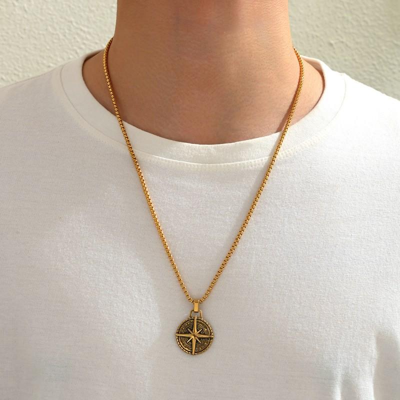 New Retro Compass Stainless Steel Chain Necklace Personalized Hip-hop Punk Style Long Fashion