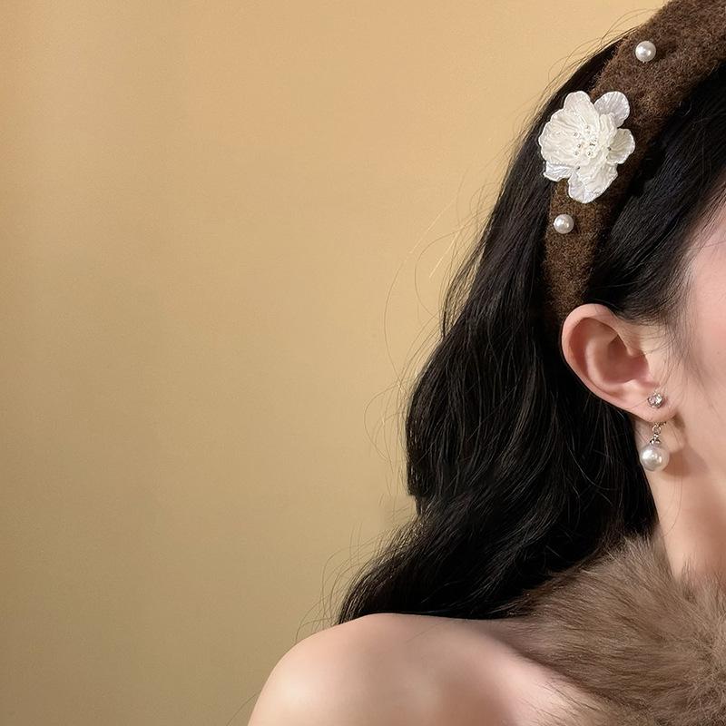Flocking Fabric Flower Pearl Headband Autumn and Winter Retro Temperament Elegant High Skull Top Headband Hair Accessories