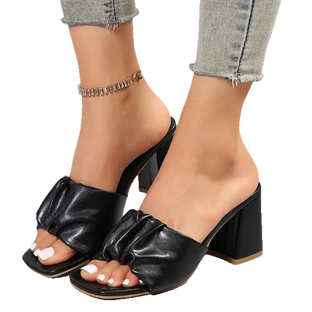 Fashion Elegant Women Summer Street Style Shoes Cozy PU Leather Clip Toe Design Slippers Fashion Square Low Heels Sandals
