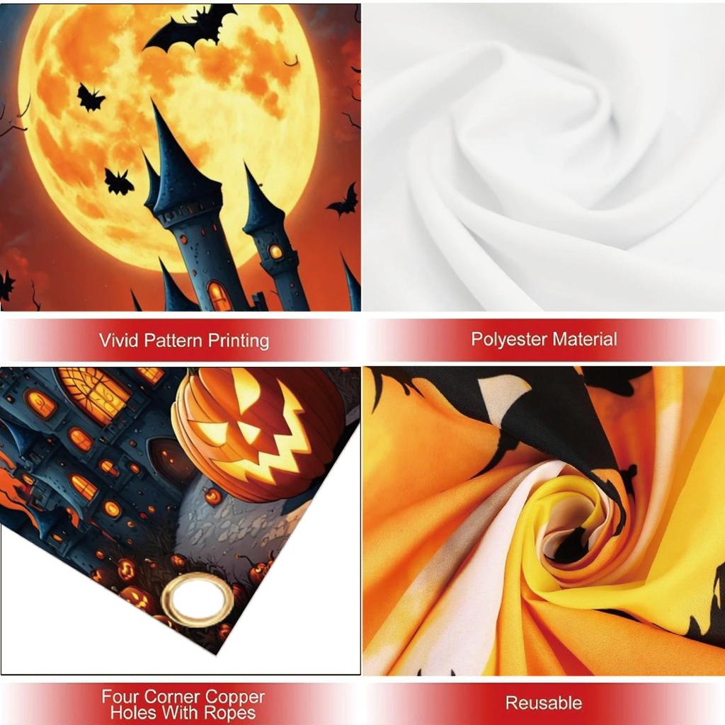 1 Piece Halloween Door Banner Decoration Full Month Pumpkin Lantern Bat Castle Background