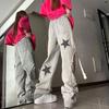 Fashion Women Star Embroidery Wide Leg Jeans High Waist Distressed Drawstring Denim Pants