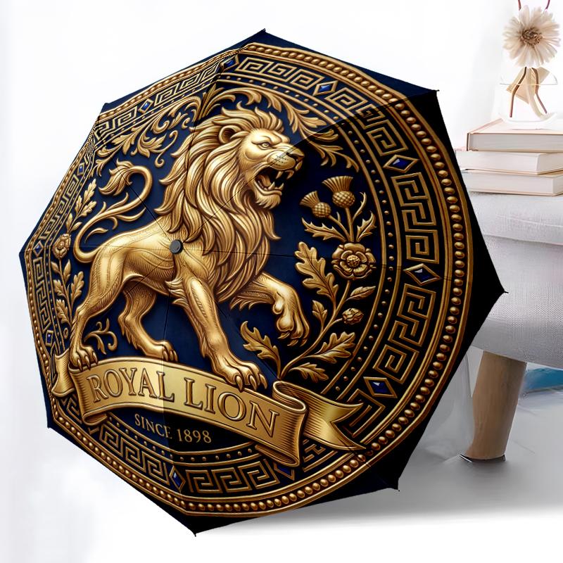 1pc Sturdy 8-Bone Auto Umbrella, Golden Ornate Lion Umbrella, Digital Printed, Foldable Umbrella for On-the-Go Outdoor Use