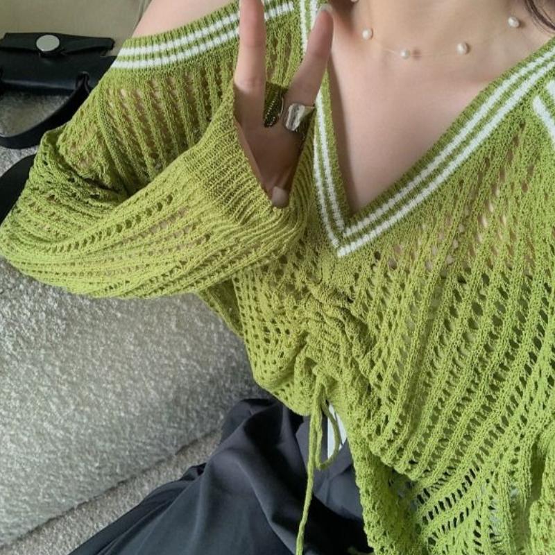Loose Hollow Shoulder Long Sleeved Knitted Sweater for Women In Summer Sweet and Cool Pullover Sunscreen Cover Spicy Girl V-neck White Top