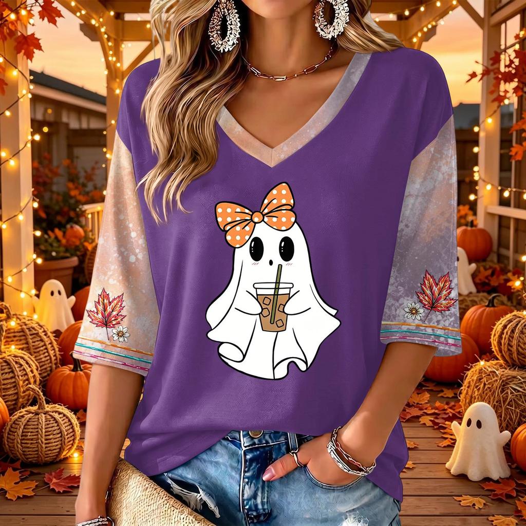 Women's Halloween Print V-Neck 3/4 Sleeve Casual Blouse Top