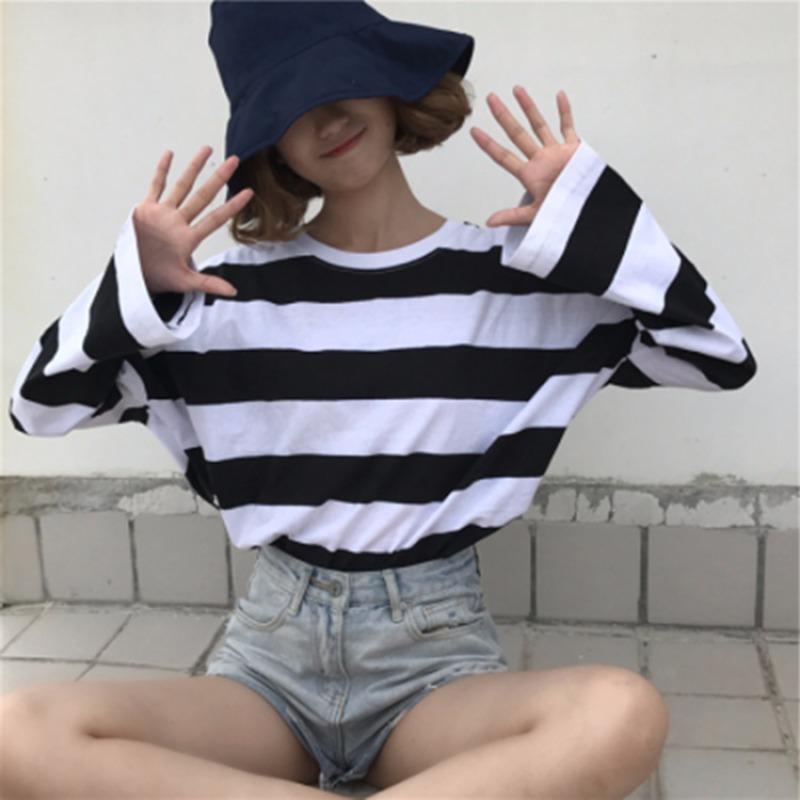 Damen Lockere Koreanischer Stil Gestreifte Langarm Pullover Basis T-Shirt