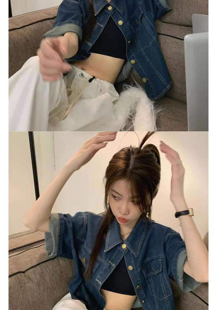 Korean Style Chic Retro Short Lapel Denim Jacket for Women