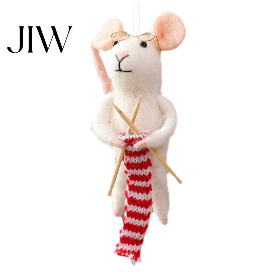 Soft Wool Felt Animal Figurines Christmas Mouse Ornament, Handmade Felted Hanging Decoration, Knitting Theme Xmas Tree Baubles Cute Doll for