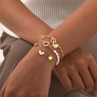 Round Cross Chain Shell Heart Shaped OT Buckle Bracelet for Women Rectangular Chain Double Ring Imitation Pearl Bracelet Jewelry