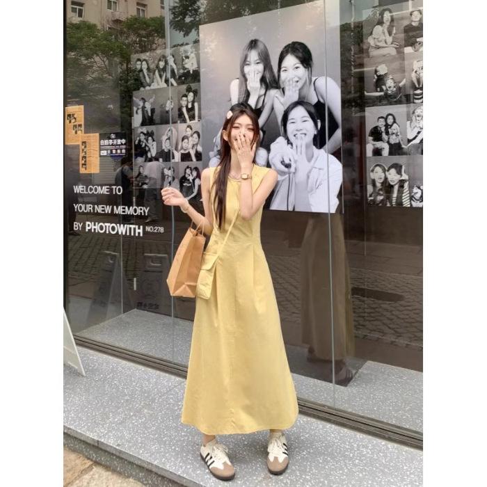 

Pure and gentle yellow dress for women, summer round neck, waist and thin back XL