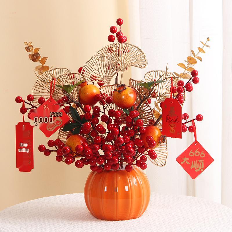 Luxurious Chinese-Style Pomegranate Fruit Arrangement: Faux Red Berries & Flowers for Living Room or Restaurant Decor