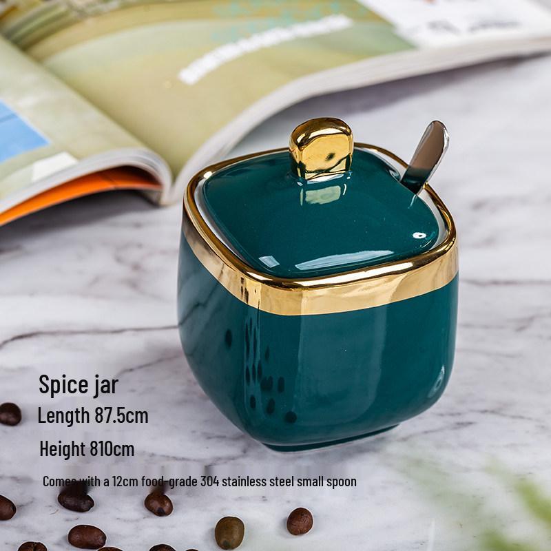 

Emerald Kitchen Ceramic Seasoning Set: Oil Pot, Salt Shaker, Vinegar Bottle, Chili Box with Lid.
