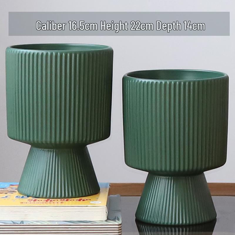 Nordic Ceramic Flower Pot with Tray - High-Footed Vertical Stripes for Indoor/ Balcony, Ideal for Pothos and Orchids.