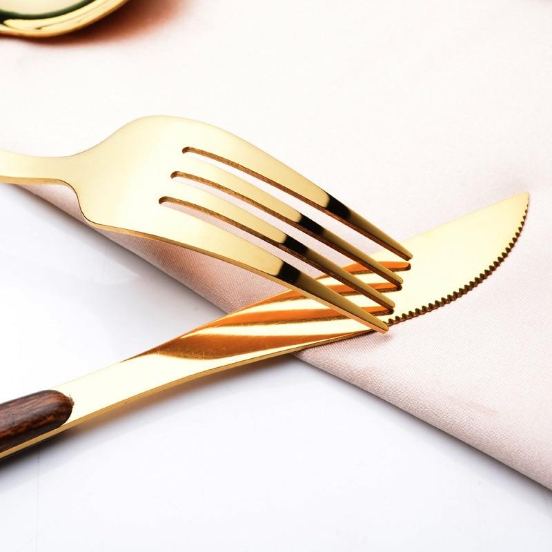 Retro Wooden Handle Stainless Steel Dinnerware Gold-Plateing Elegant Western Food Fork Spoon Knife Tableware