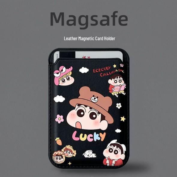 Good Luck Shin-chan MAGSAFE-Compatible Apple Leather Phone Case with Magnetic Card Holder