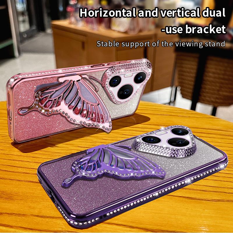 Diamond Glitter Liquid Quicksand Butterfly Phone Holder Case For Huawei Pura 70 P60 P50 Pro Silicone Cover
