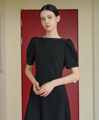 Bye Bye Seop Boat Neck Puff Long Dress Black [T43]